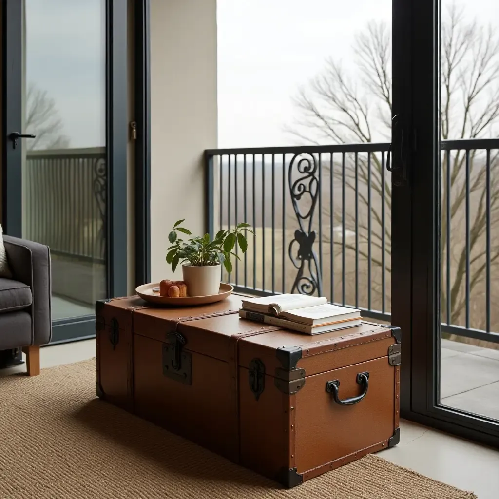 a photo of a balcony with a vintage trunk as a coffee table