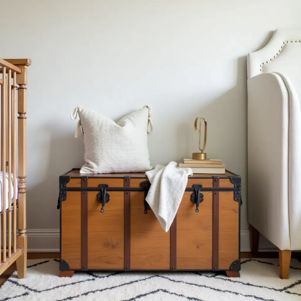 a photo of a nursery with a vintage trunk for storage