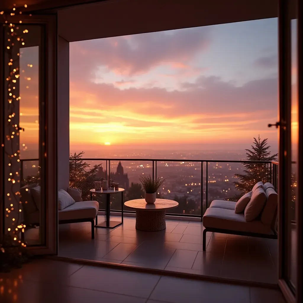 a photo of a glamorous balcony with a sunset view and twinkling lights