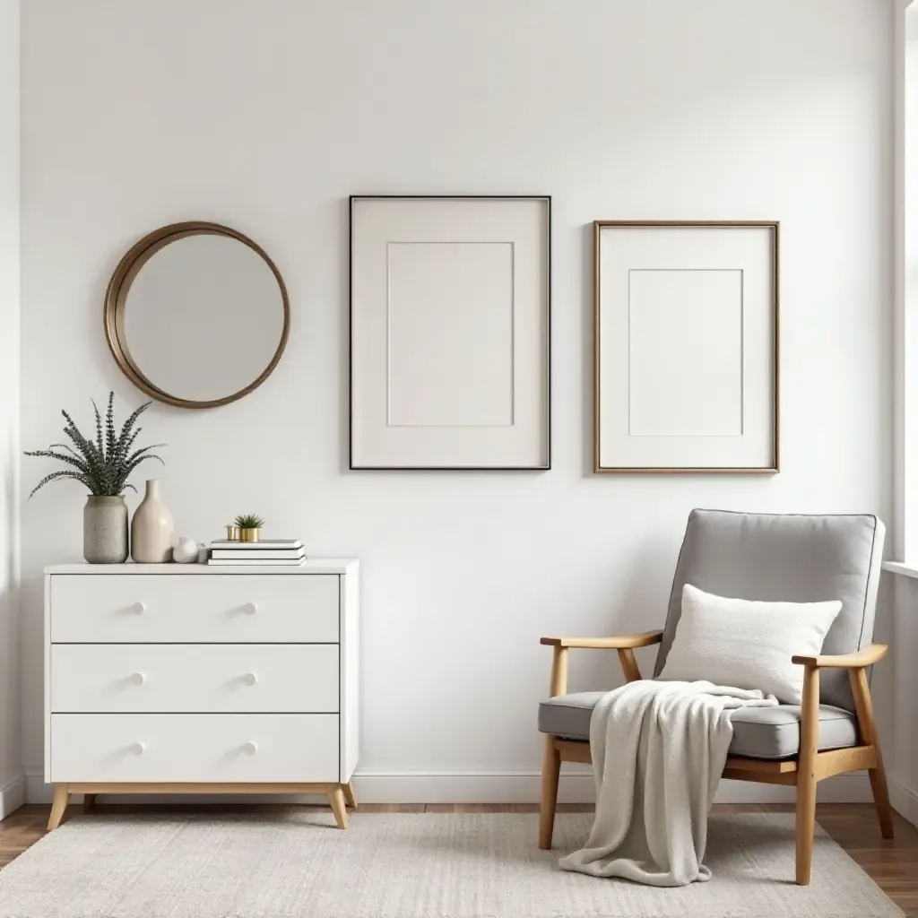 a photo of a trendy teen space featuring metallic picture frames and wall mirrors