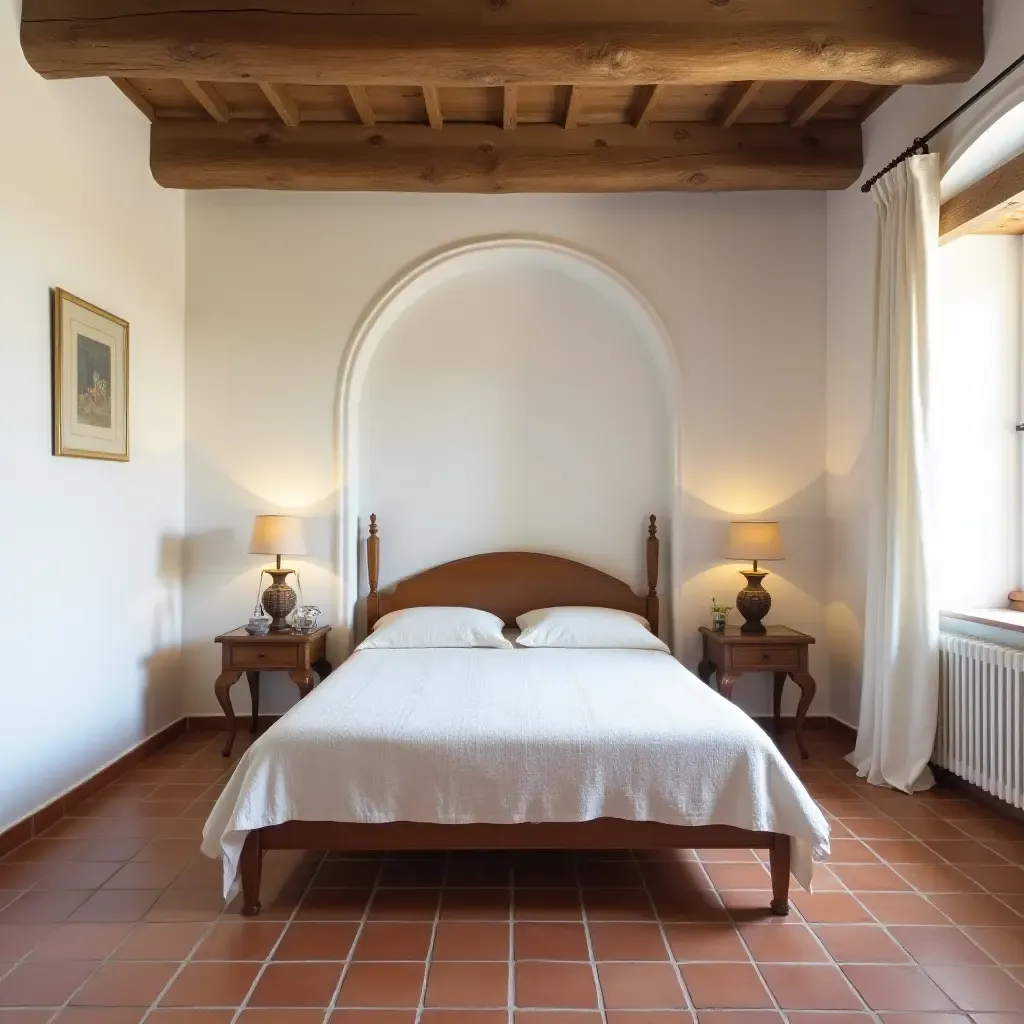 a photo of a Mediterranean-style bedroom with terracotta tiles and whitewashed walls