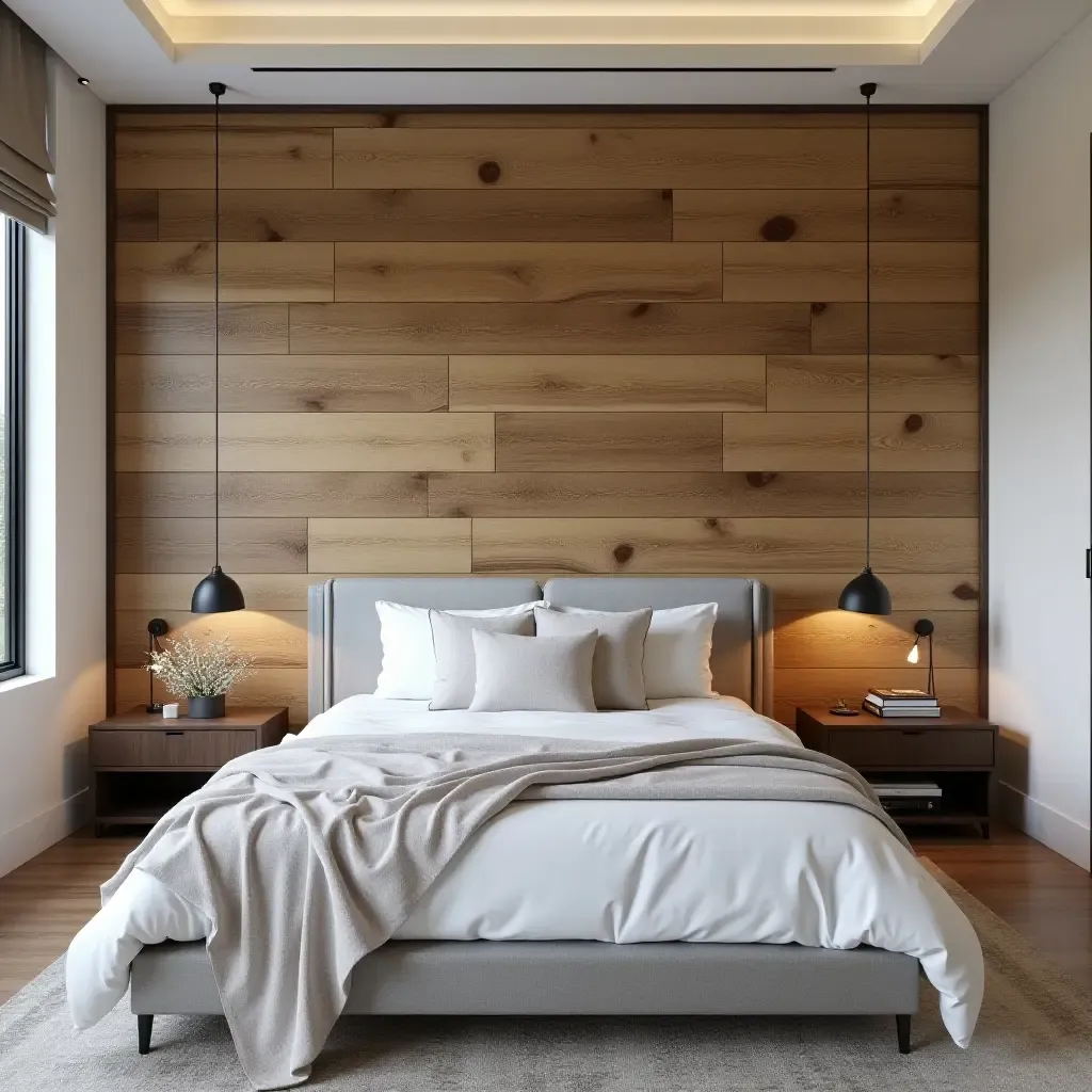 a photo of a bedroom featuring a reclaimed wood accent wall