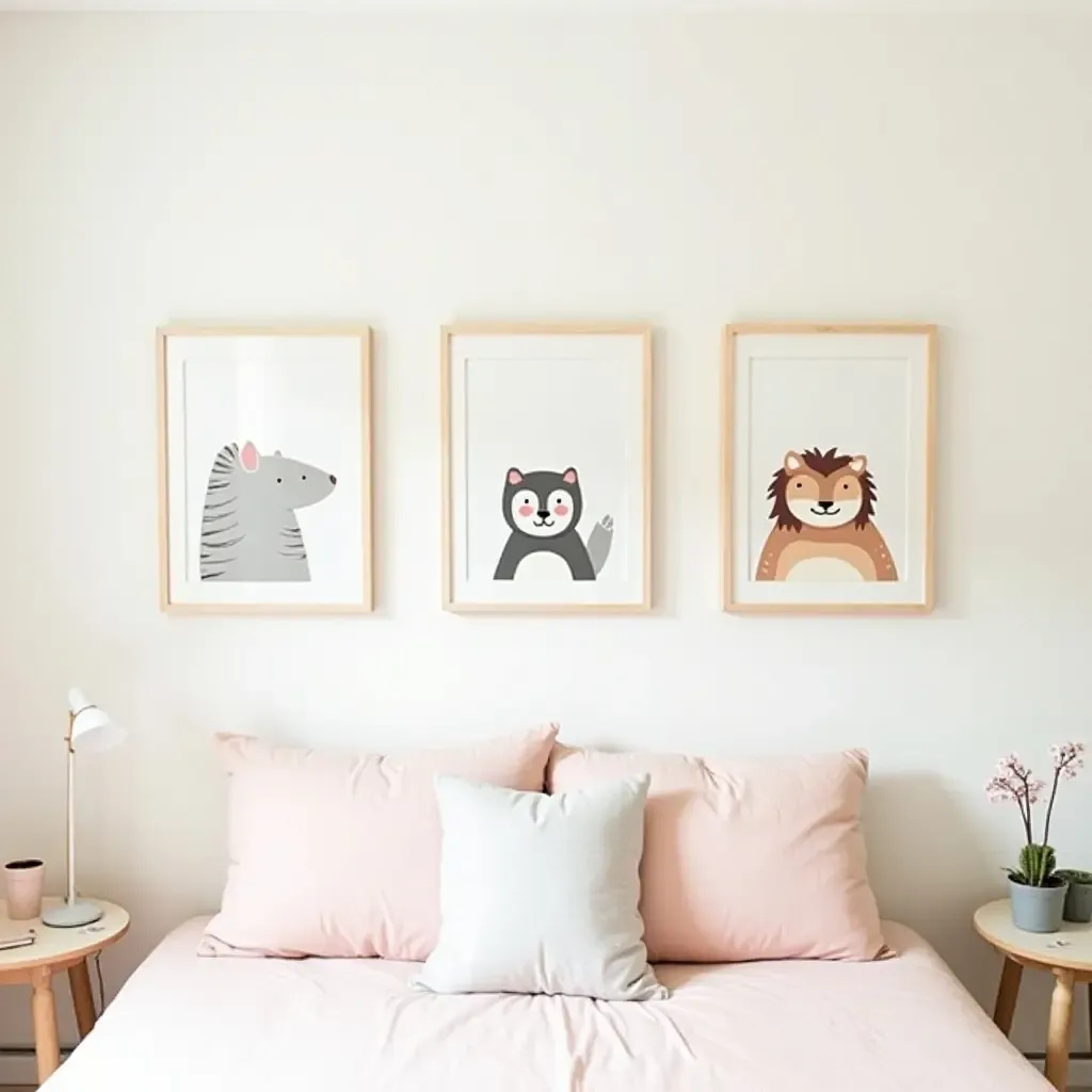 a photo of a whimsical animal gallery wall featuring cute animal illustrations in a playful teen room