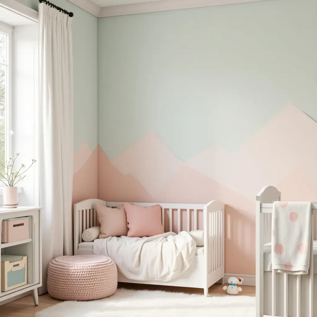 a photo of a serene reading nook with pastel colors in a nursery