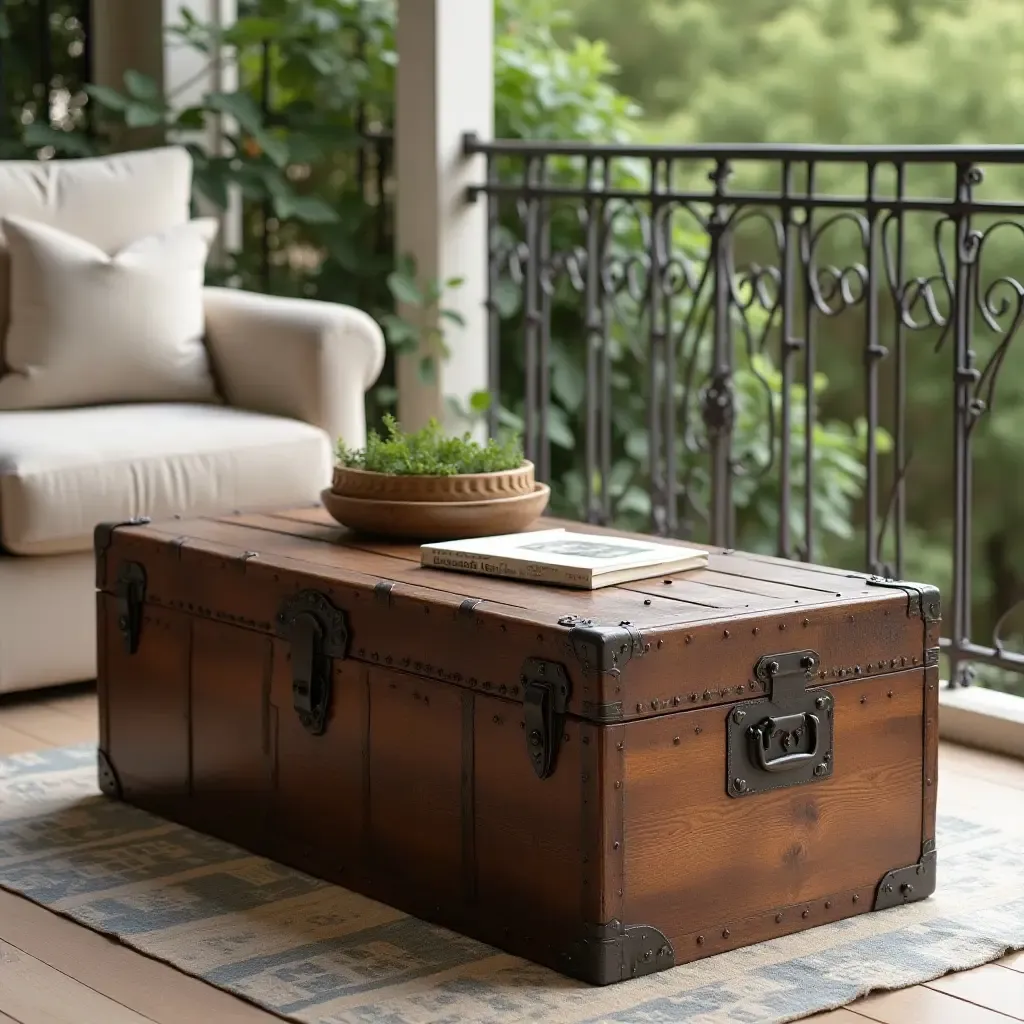 a photo of a vintage trunk used as a coffee table on a balcony