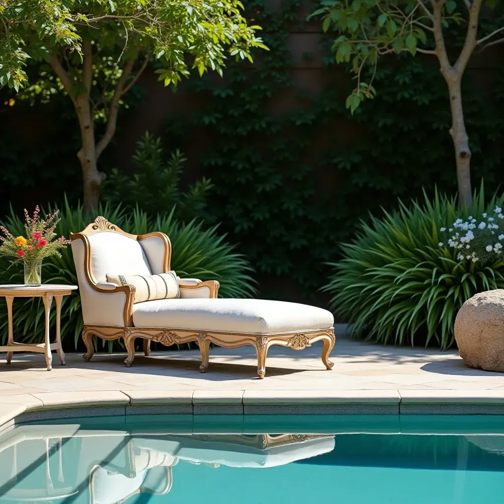 a photo of an elegant vintage chaise by a lush pool garden