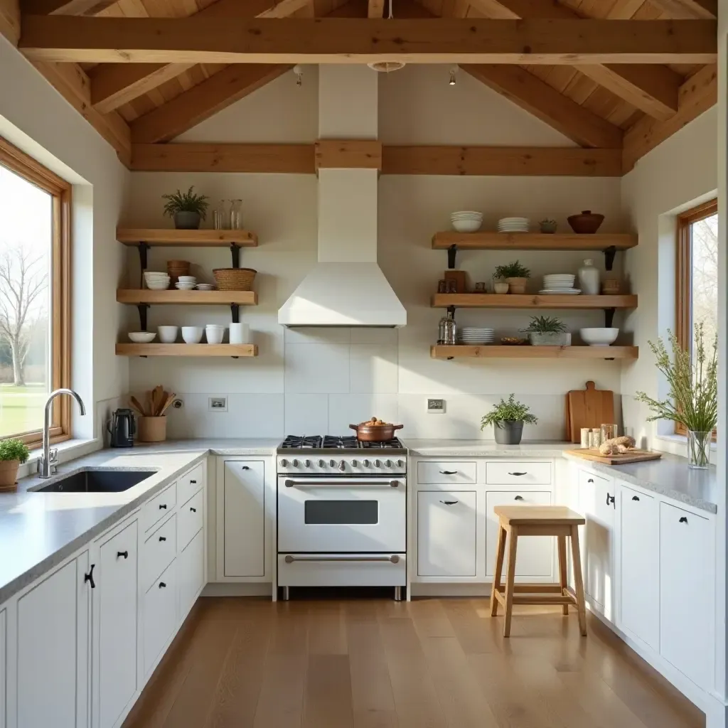 a photo of a kitchen with wooden beams and open shelving