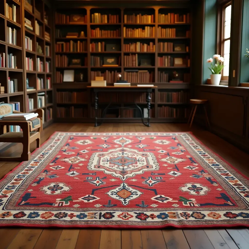 a photo of a colorful kilim rug with intricate designs in a warm library