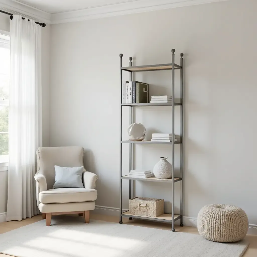 a photo of a nursery featuring a metallic silver bookshelf