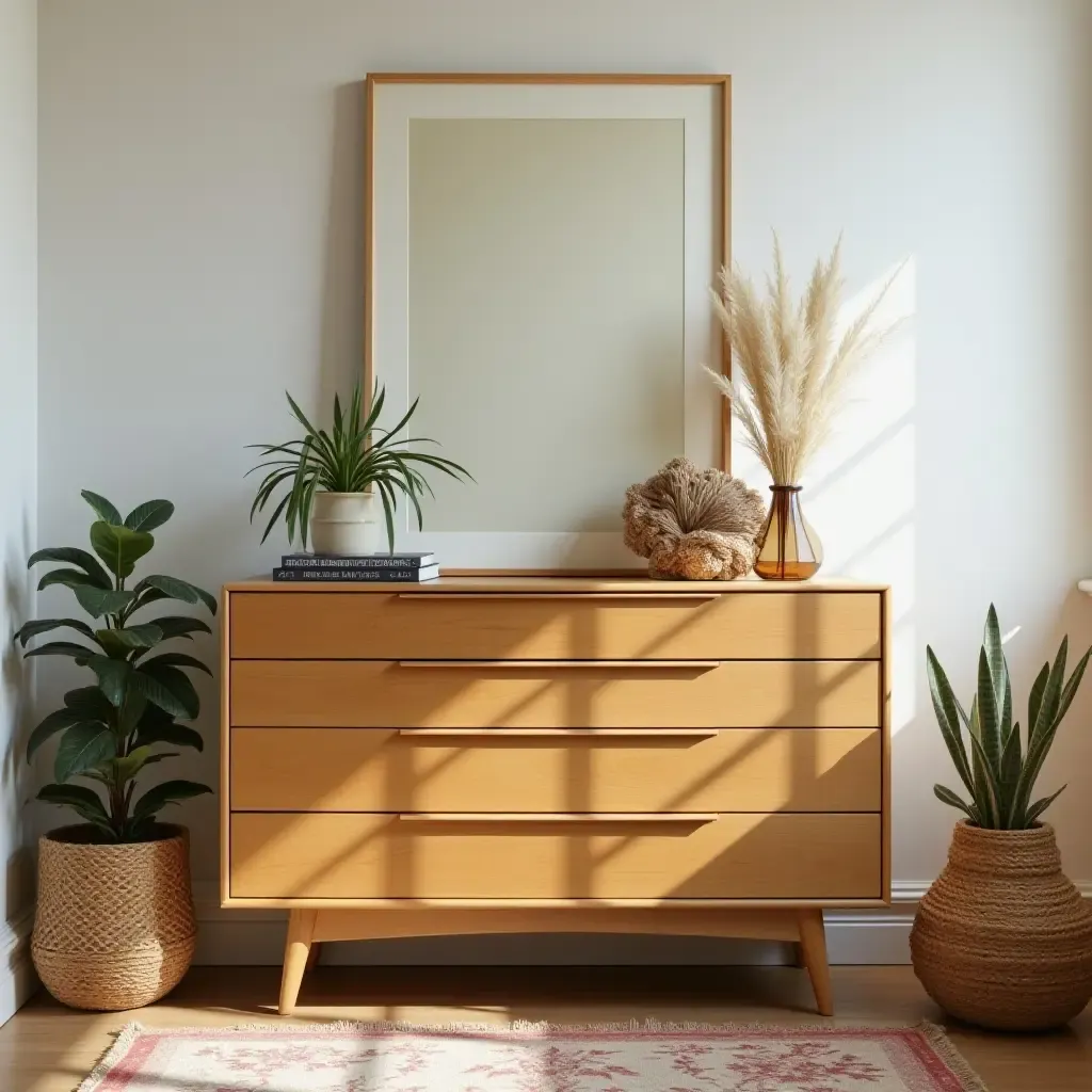 a photo of a room featuring a vintage-style dresser with quirky decor