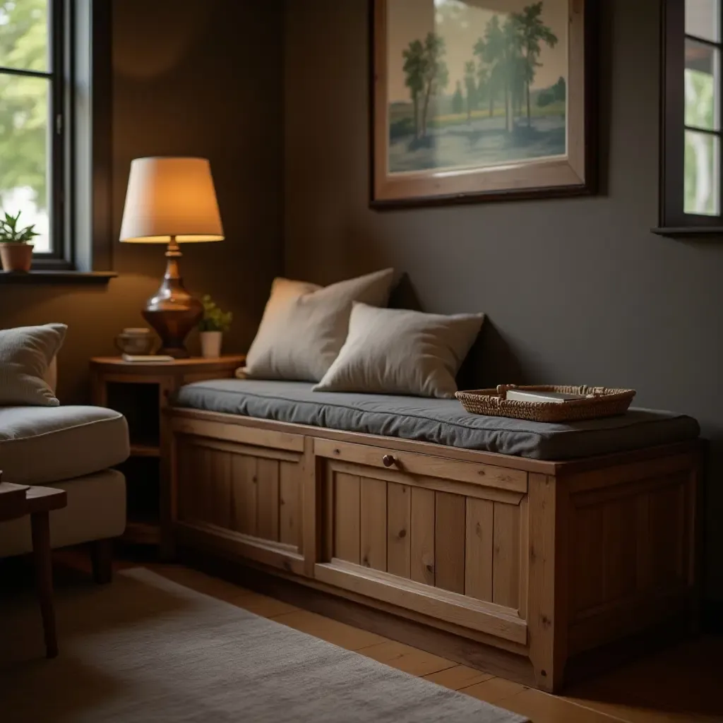 a photo of a rustic living room featuring a wooden storage bench