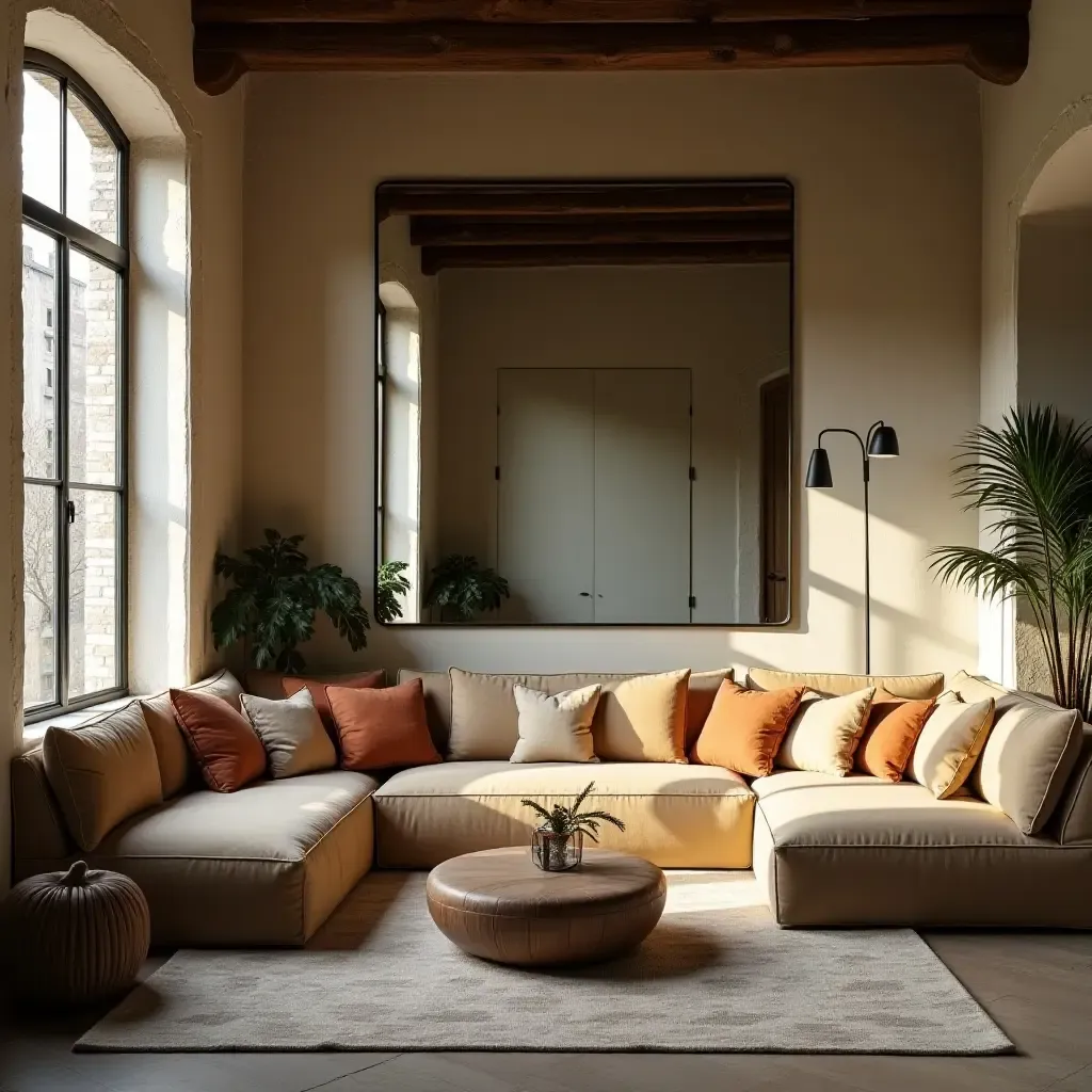 a photo of a rustic living room with a large mirror reflecting sunlight