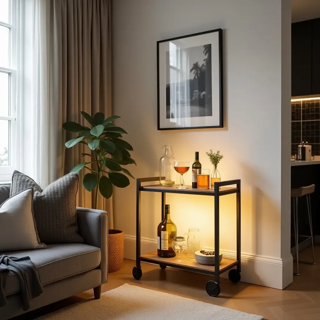 a photo of a small living room featuring a lighted bar cart