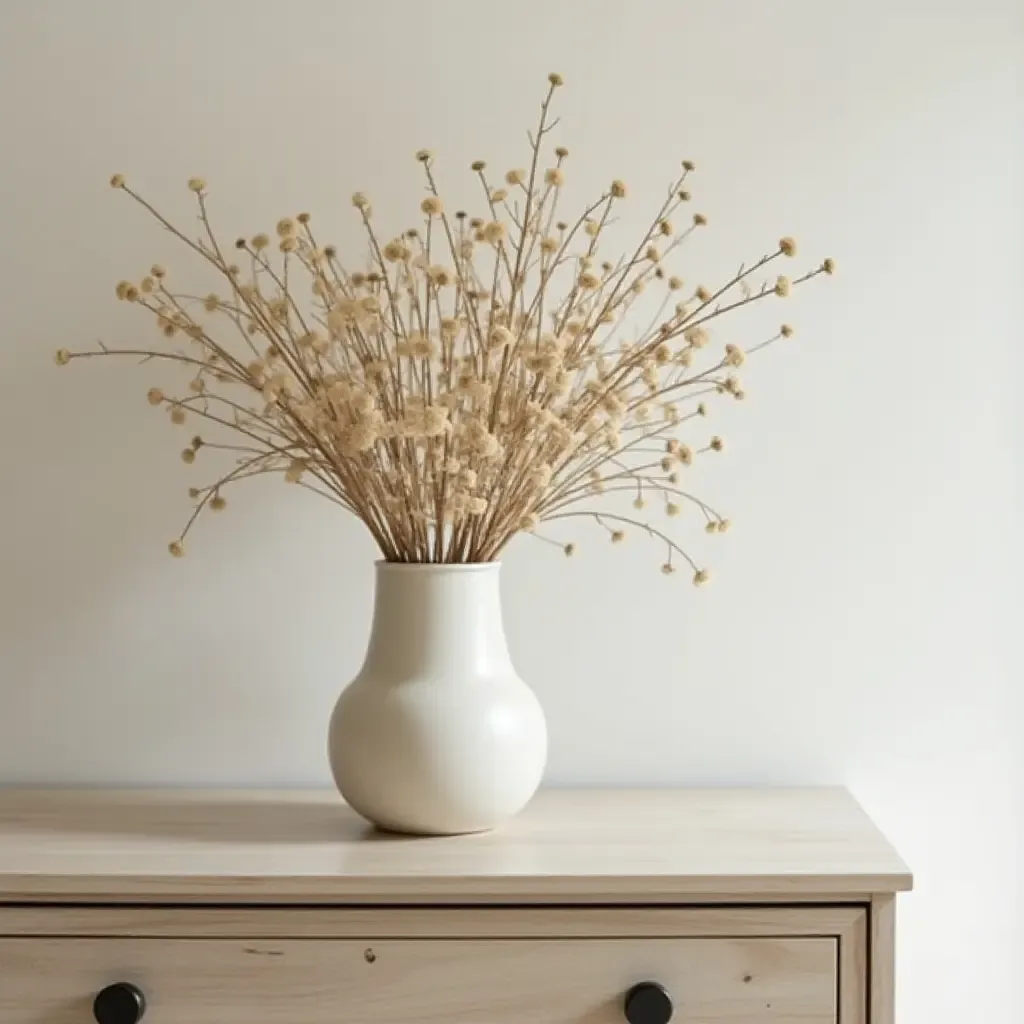 a photo of a delicate vase filled with dried flowers on a dresser