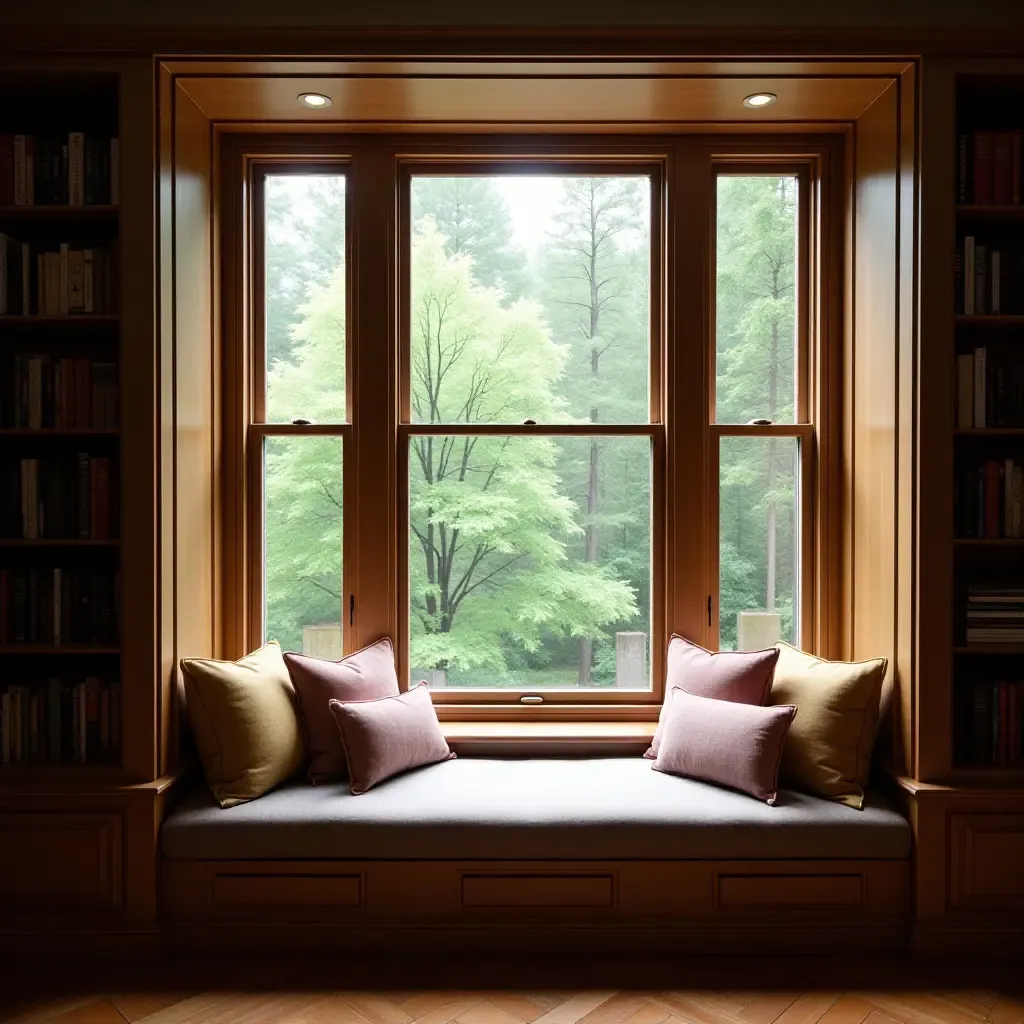 a photo of an inviting library window seat with cushions and a view of nature