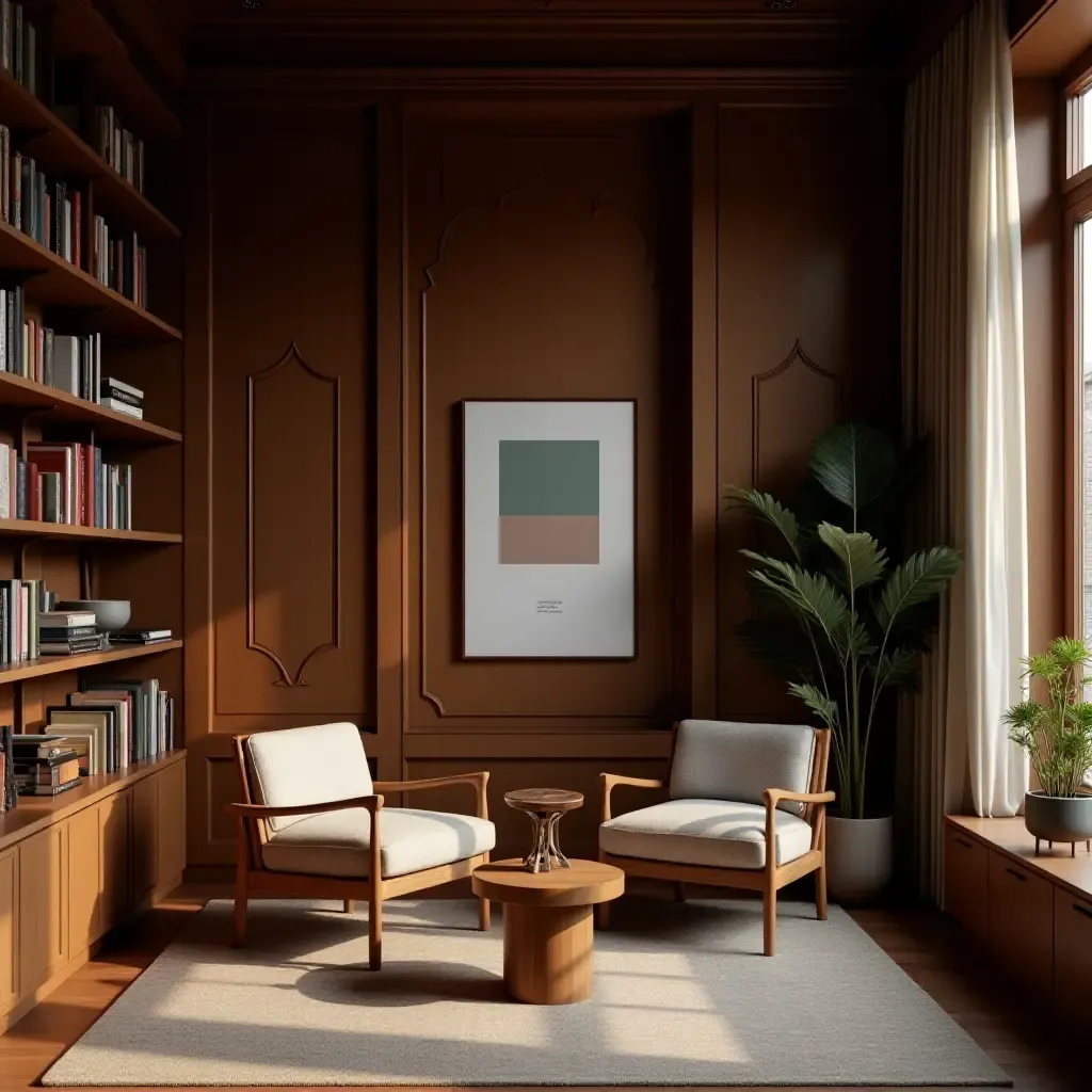 a photo of a serene library with wooden furniture and artwork