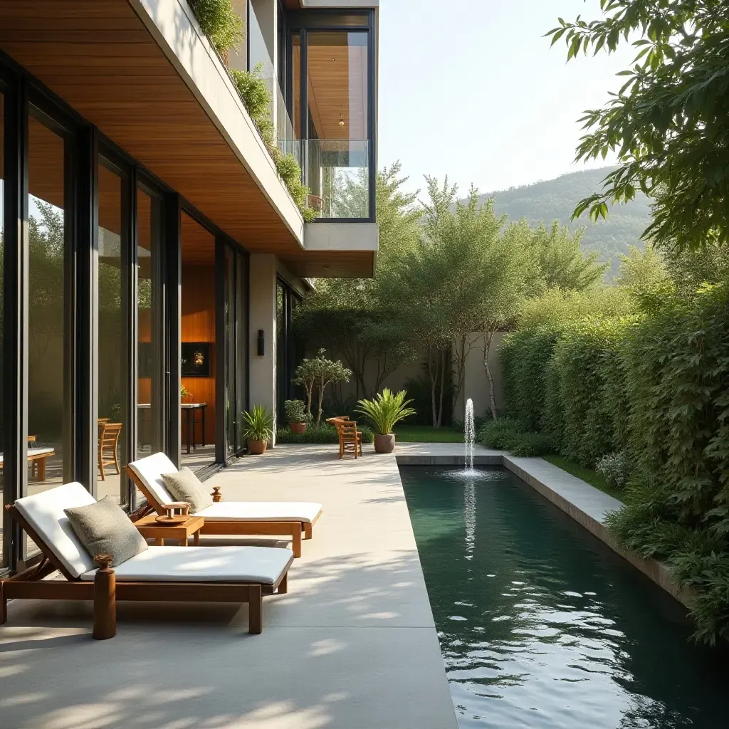 a photo of a balcony with a small fountain and relaxation area