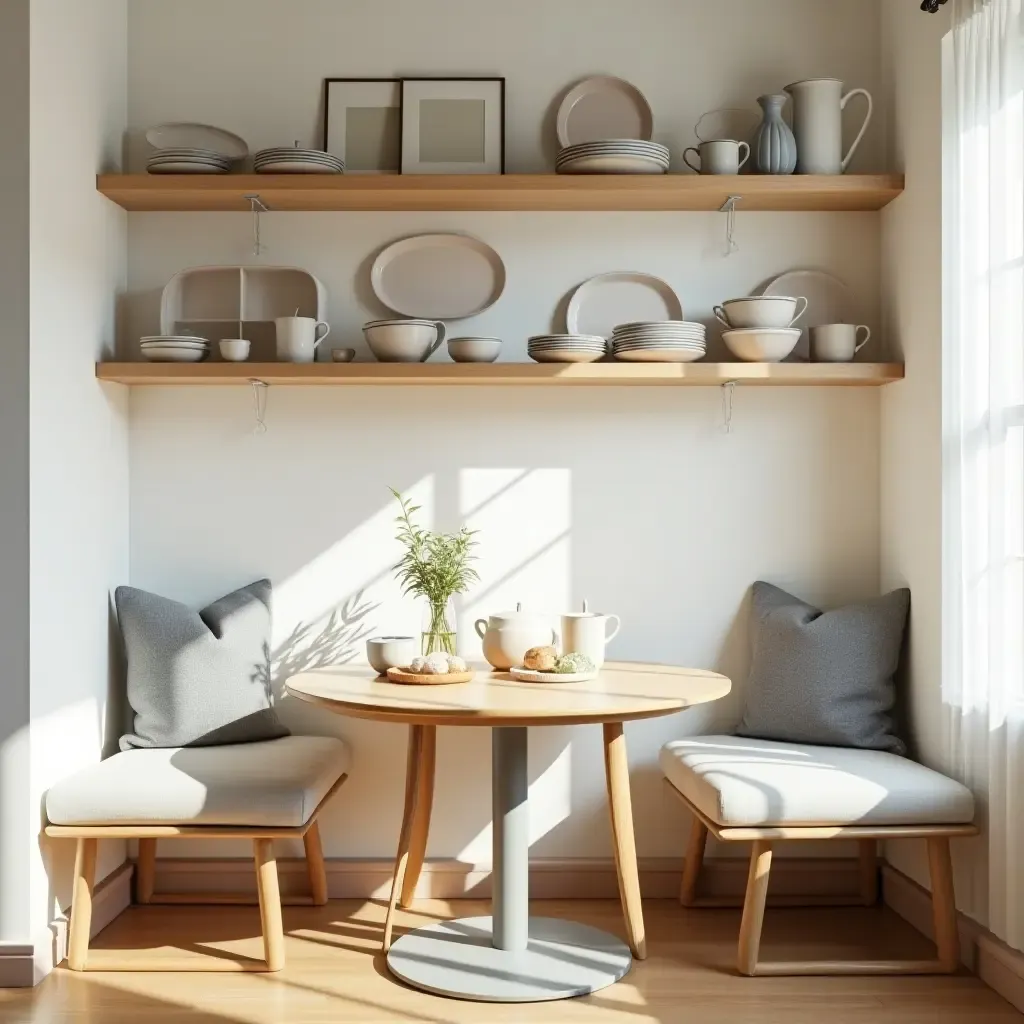 a photo of a bright breakfast nook with open shelving and colorful dishware