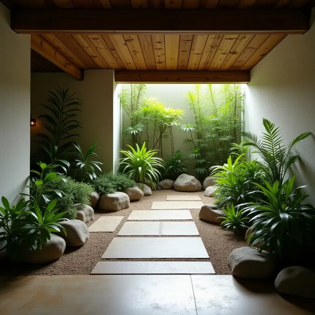 a photo of a basement with a zen garden and indoor plants