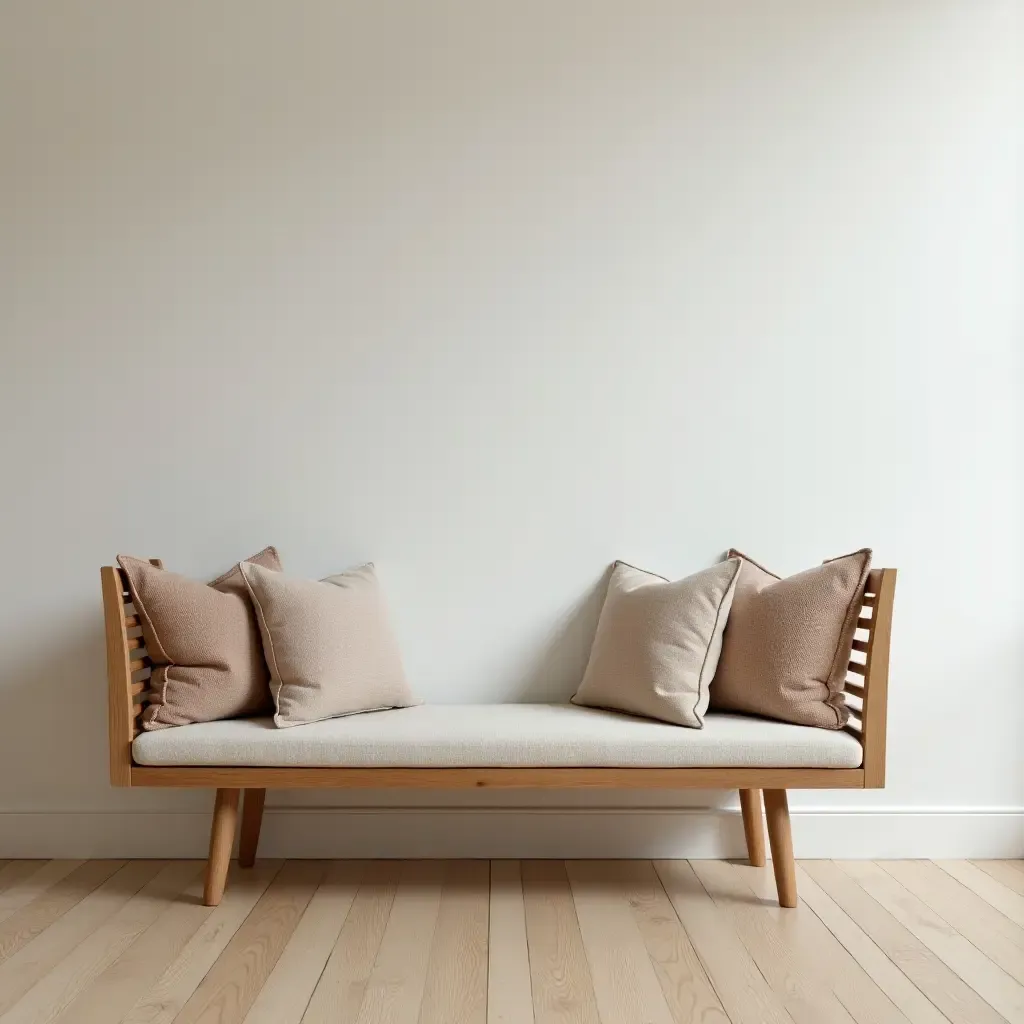 a photo of a wooden bench with cushions in the hall