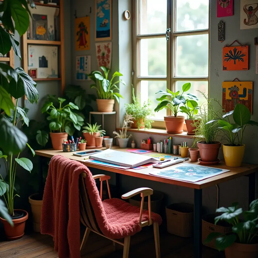 a photo of a vibrant, colorful workspace filled with plants and art supplies