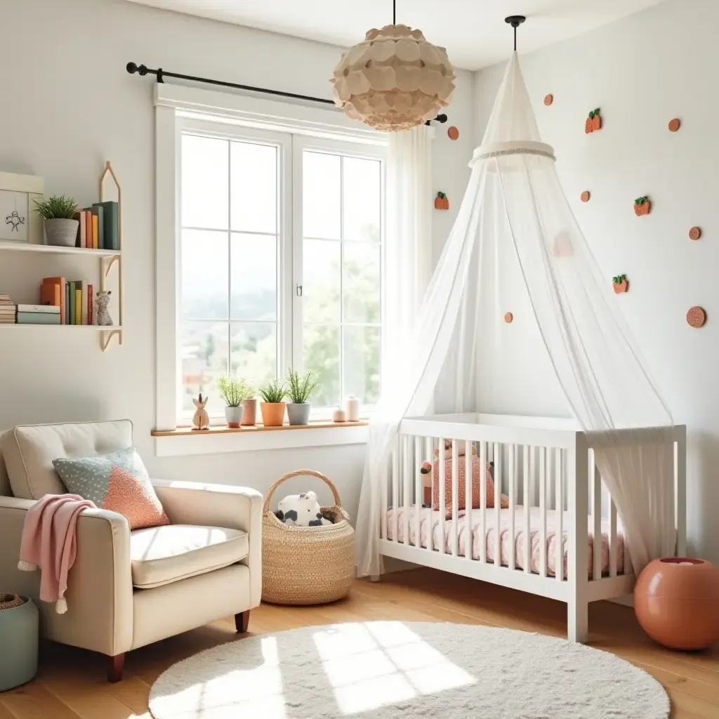 a photo of a bright nursery with a reading nook and colorful decor