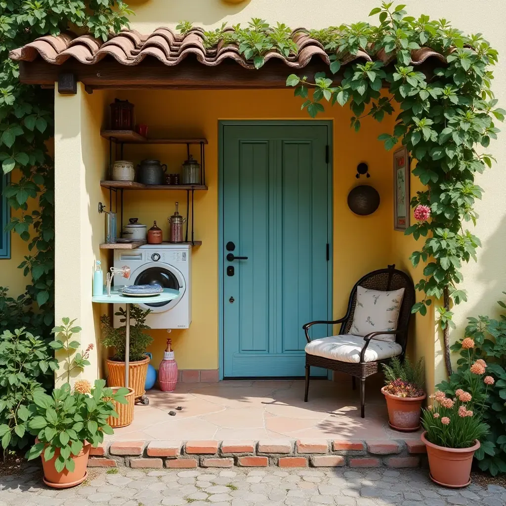 a photo of a whimsical outdoor laundry corner with quirky decor and playful colors