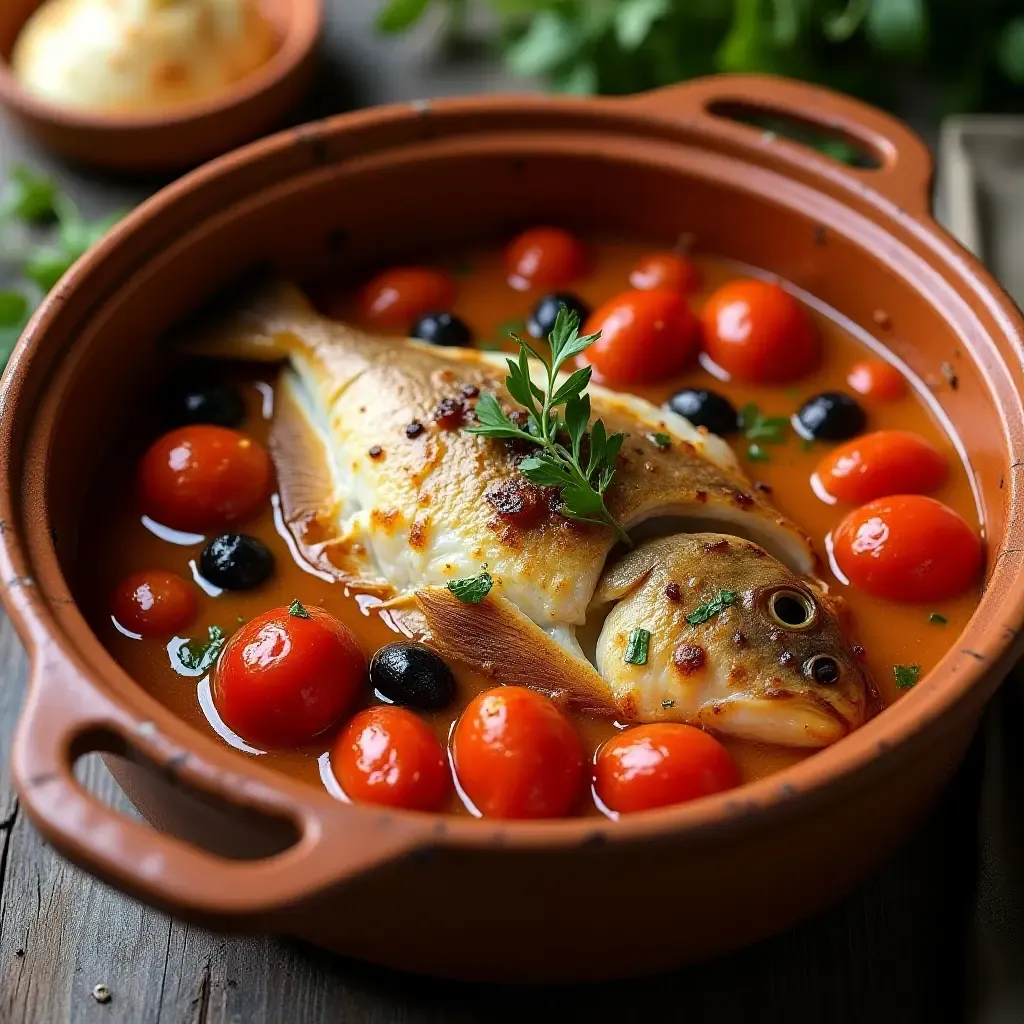 a photo of baked red mullet with tomatoes and olives in a clay pot