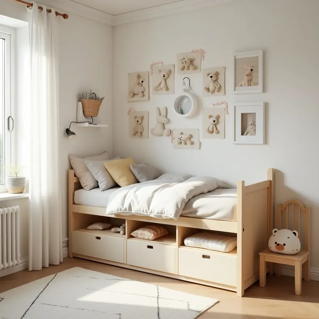 a photo of a bright bedroom with a unique toy storage solution