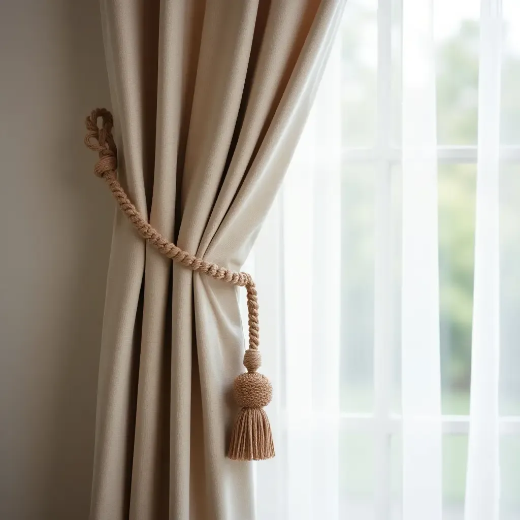 a photo of a stylish curtain tieback adding elegance