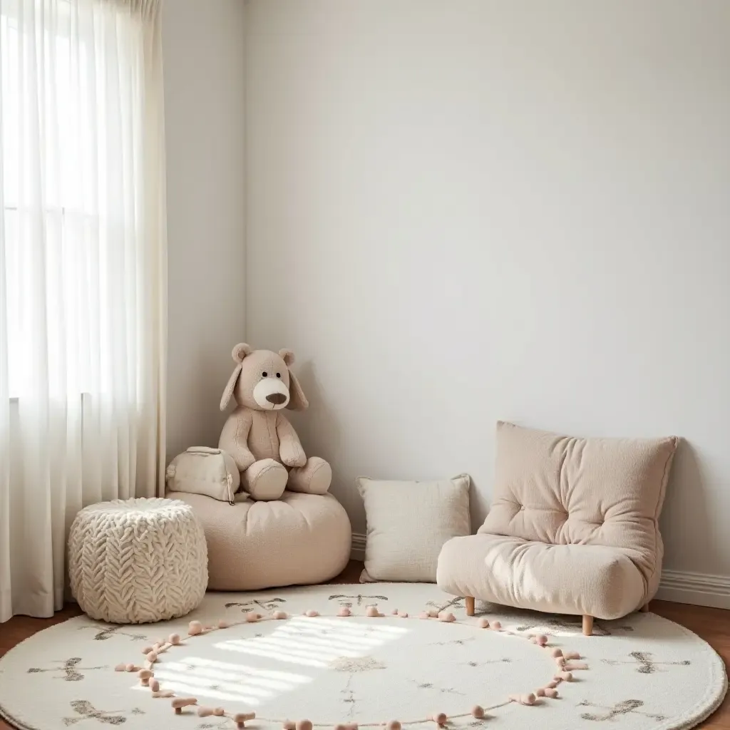 a photo of a nursery corner with a rug and cushions for reading