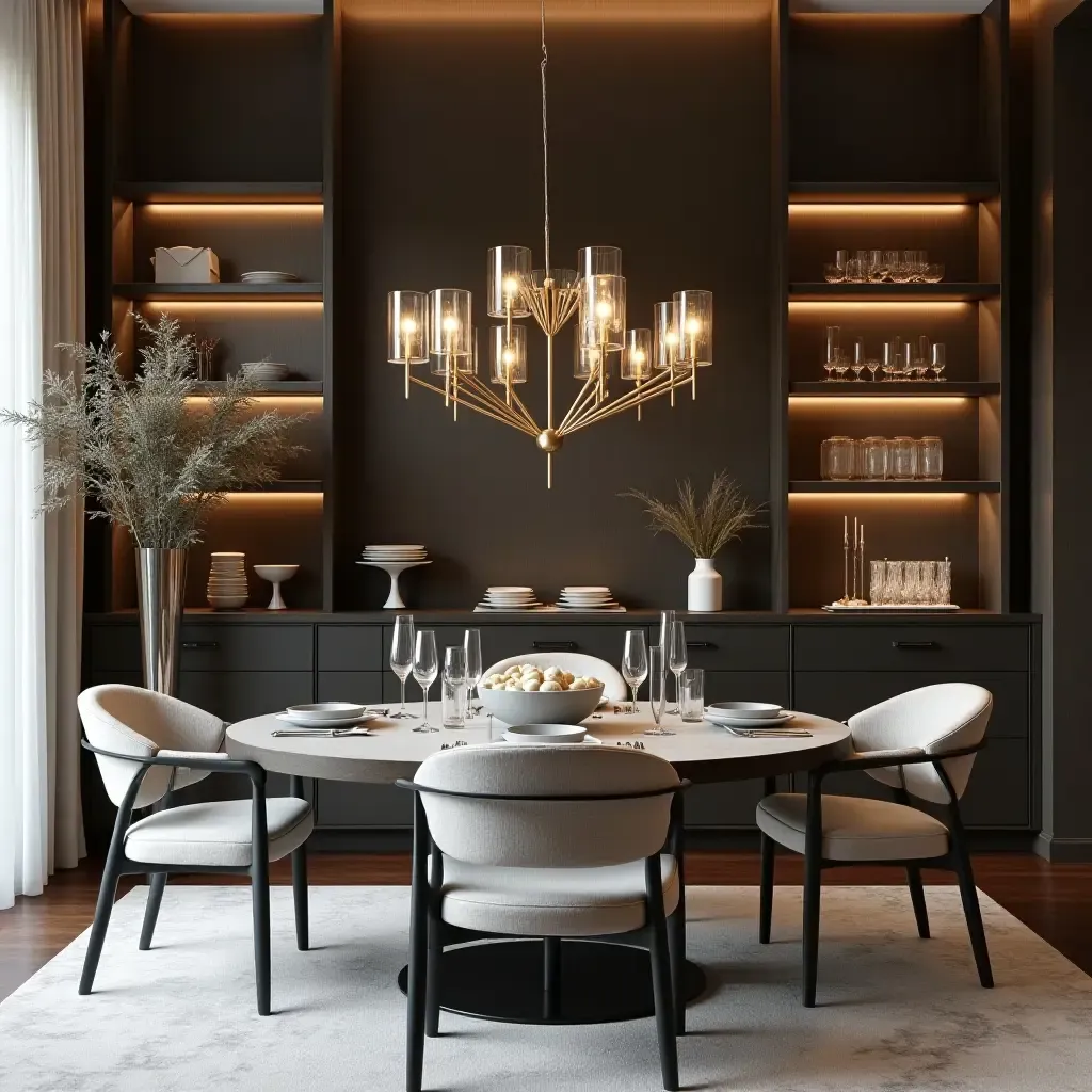 a photo of a dining area with open shelves showcasing elegant glassware