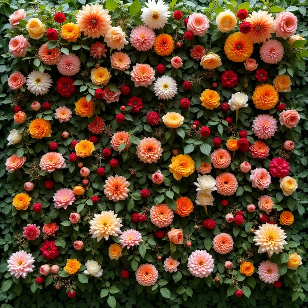 a photo of a floral garden wall with seasonal blooms and colors