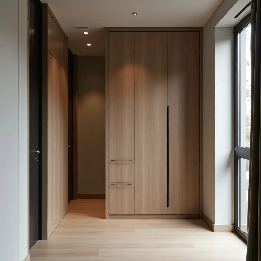 a photo of a stylish narrow cabinet in a modern corridor