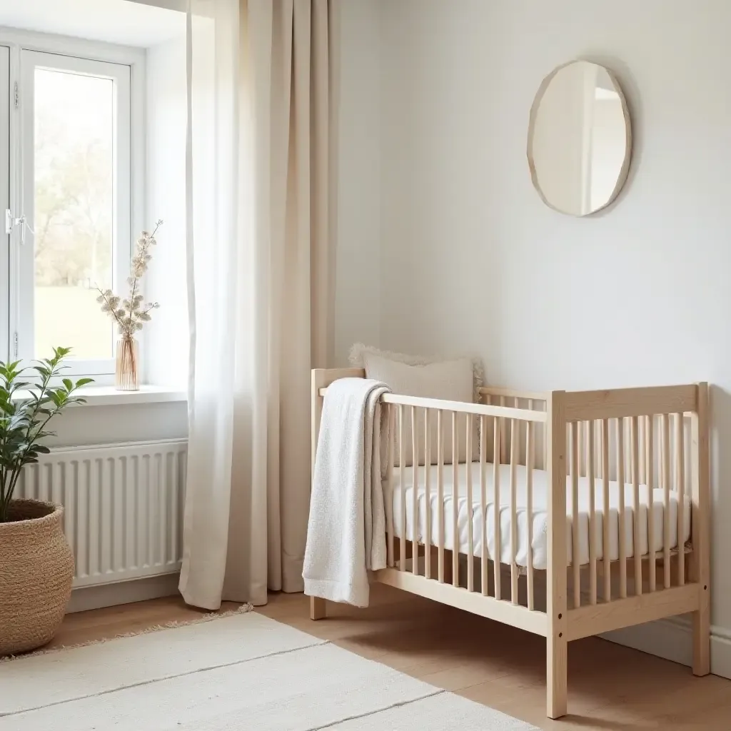 a photo of a serene nursery with soft beige linens and driftwood accents