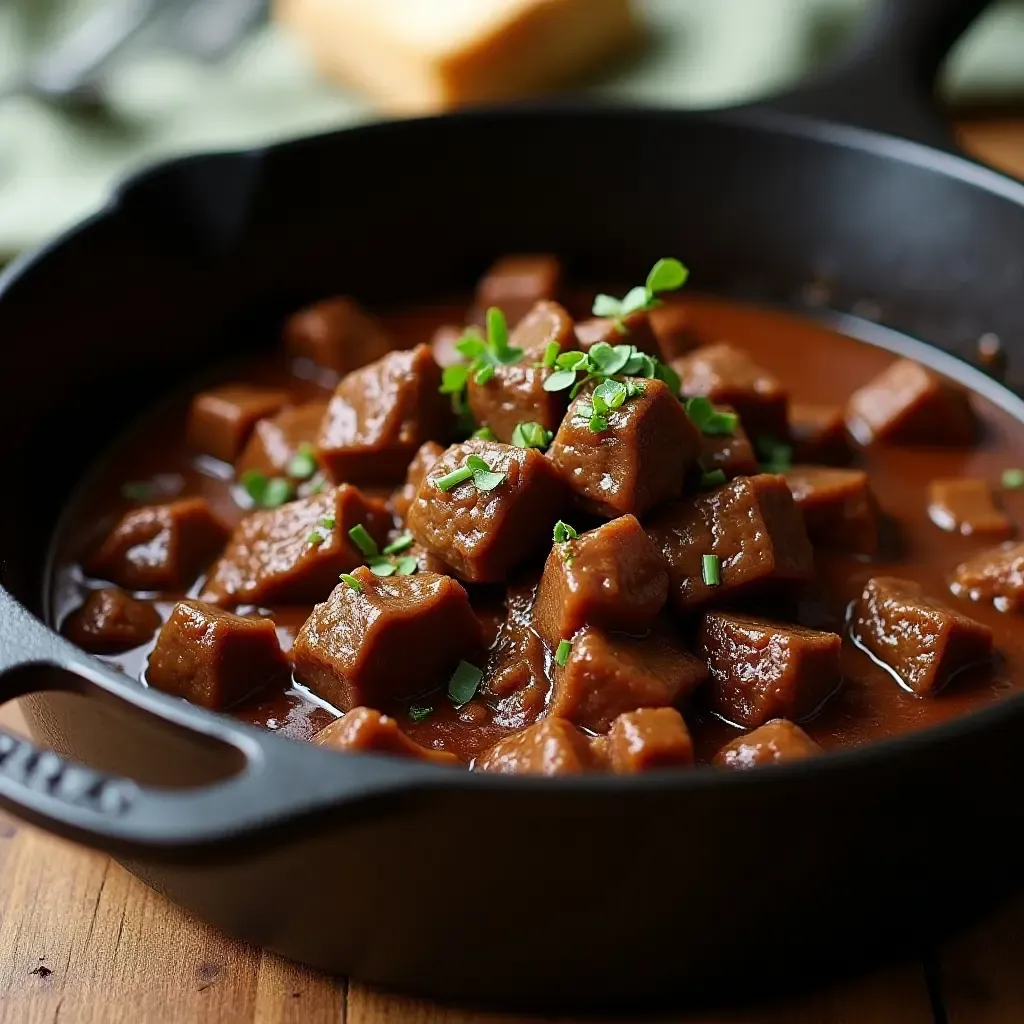 a photo of a beef bourguignon with coffee and dark chocolate, served in a cast iron skillet.