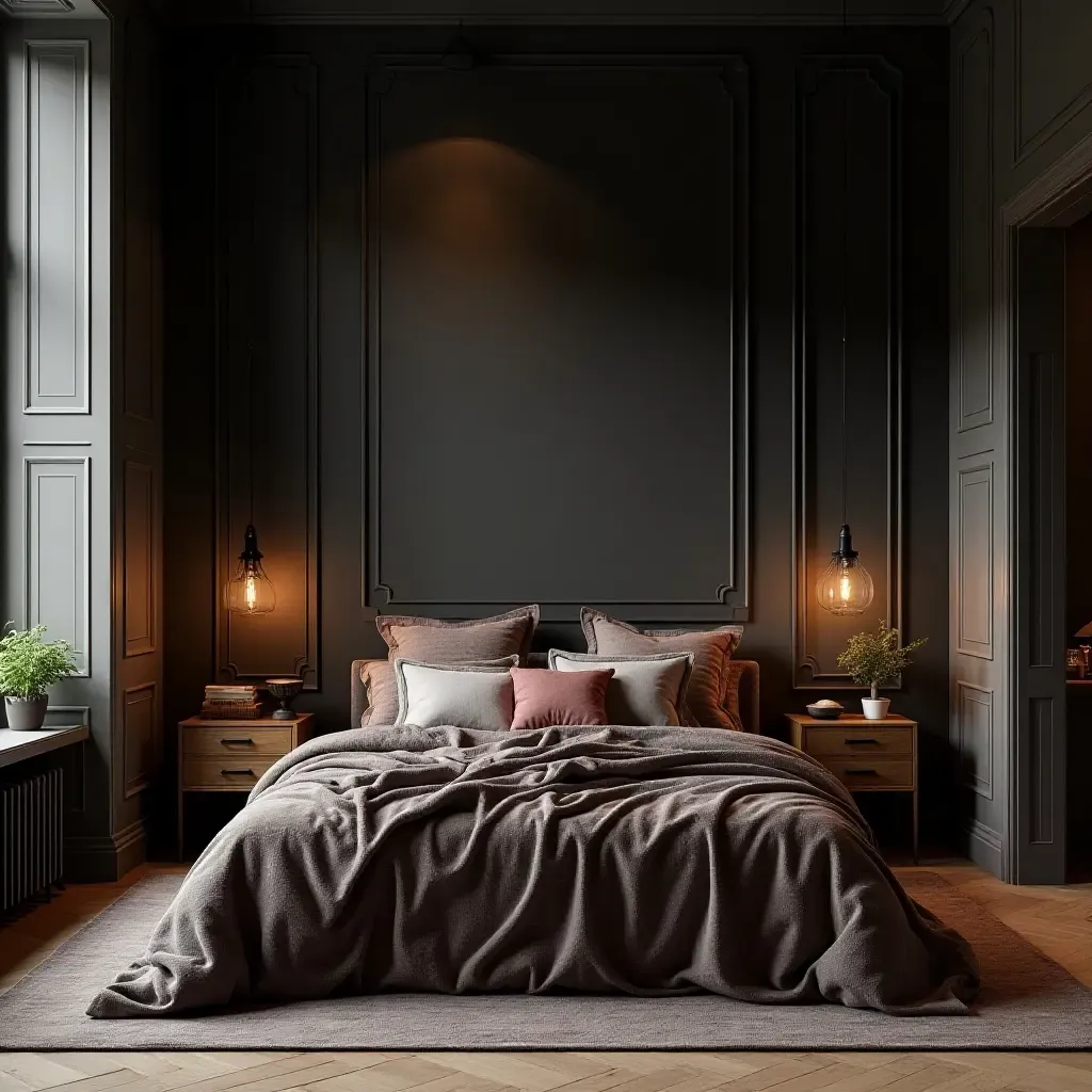 a photo of a bedroom with an eclectic mix of dark textiles and patterns