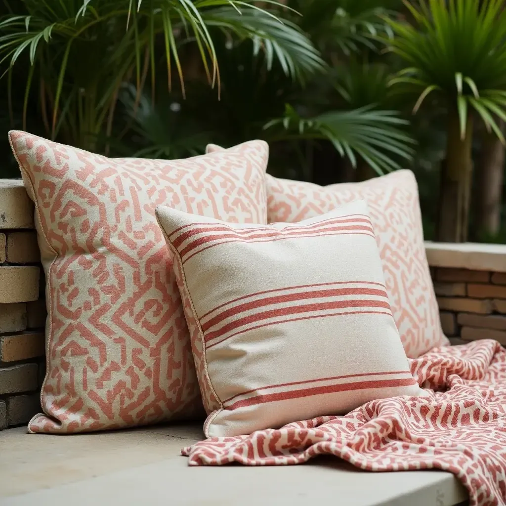 a photo of decorative outdoor pillows and throws on a 12x12 patio