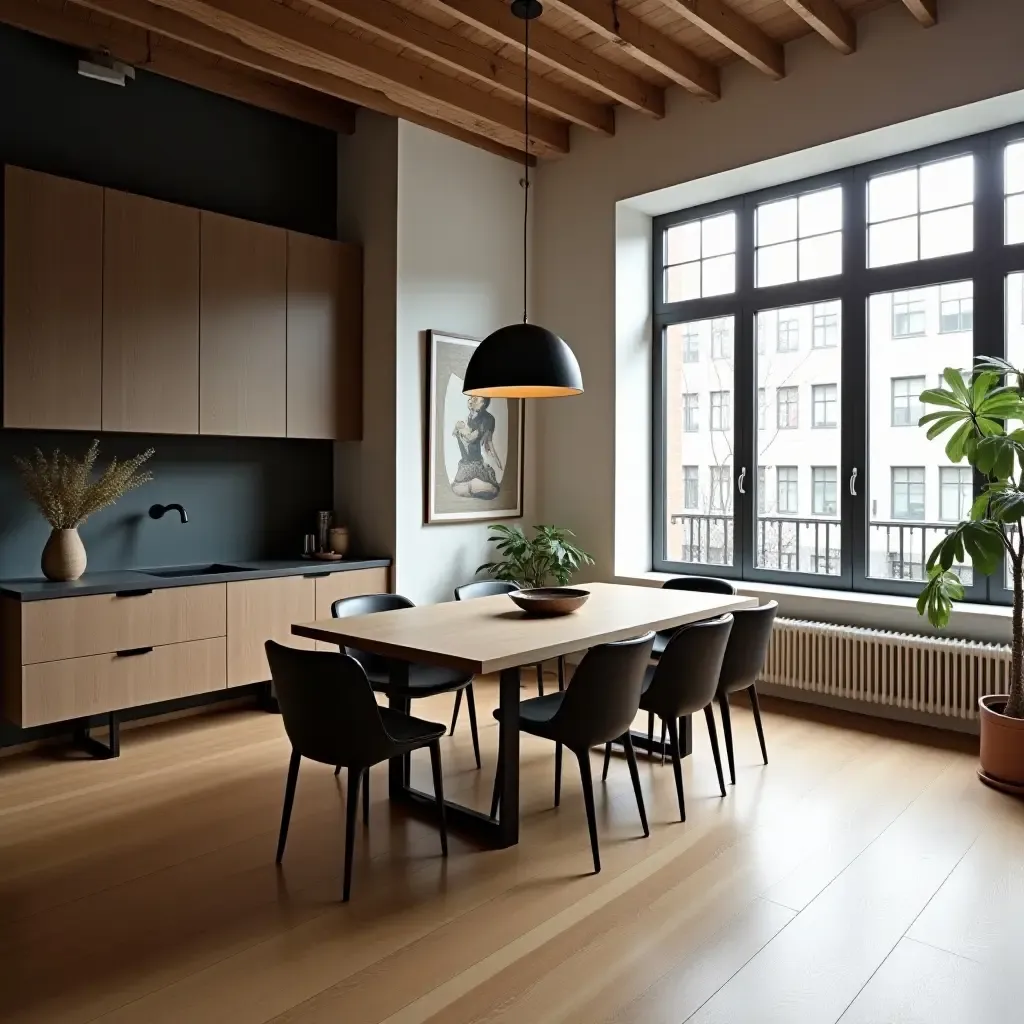 a photo of a modern loft featuring a vintage dining table and sleek modern chairs