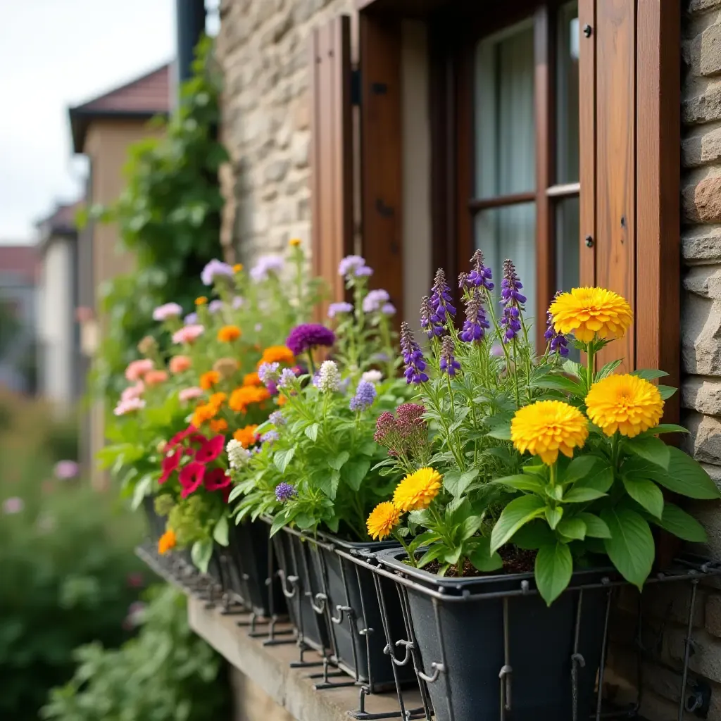 a photo of a balcony garden filled with colorful flowers and herbs