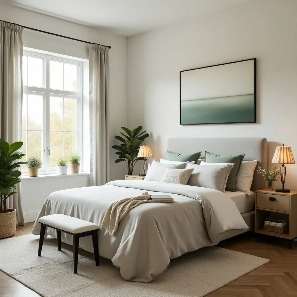 a photo of a farmhouse-themed bedroom with a neutral color palette and greenery