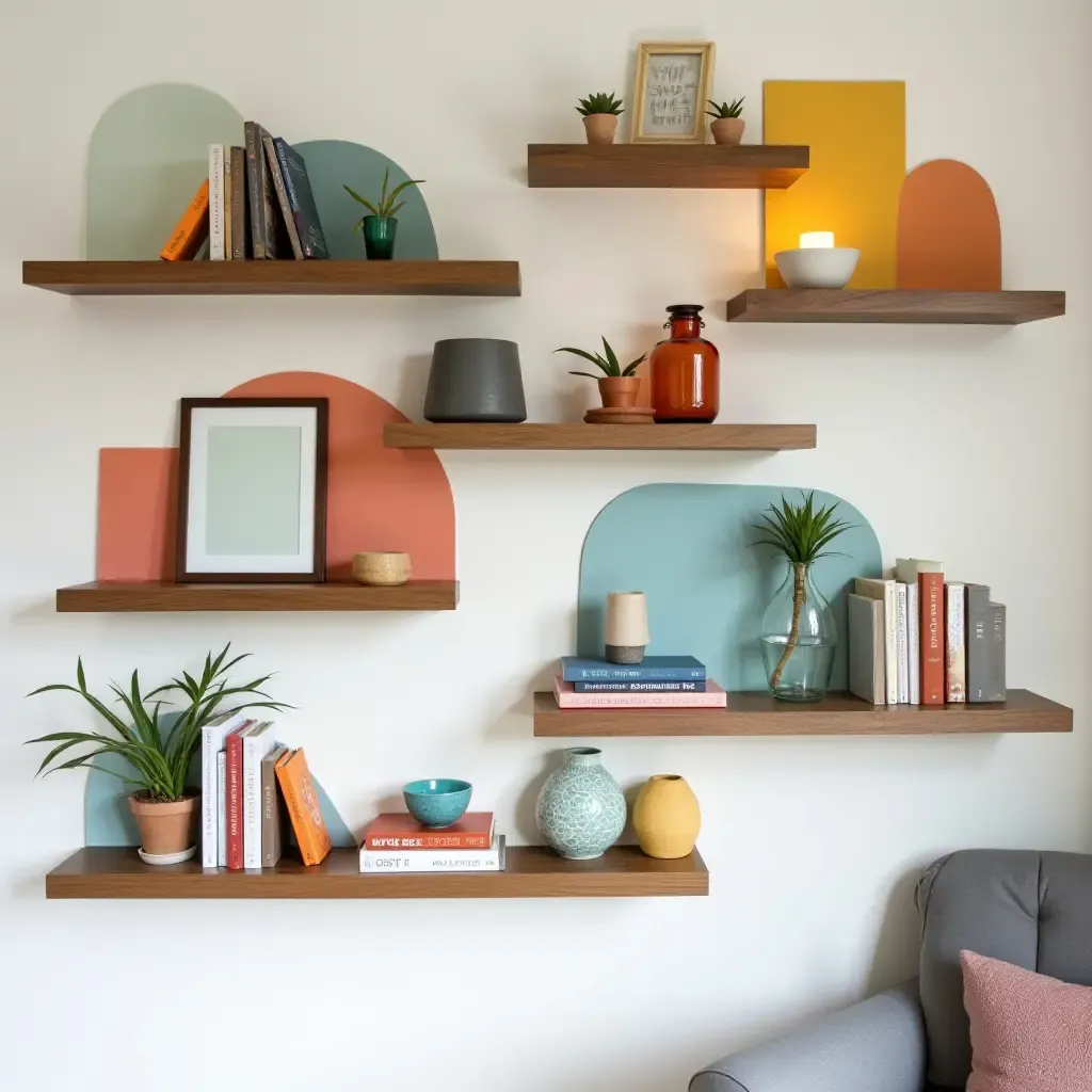 a photo of colorful wall-mounted shelves filled with books and decor