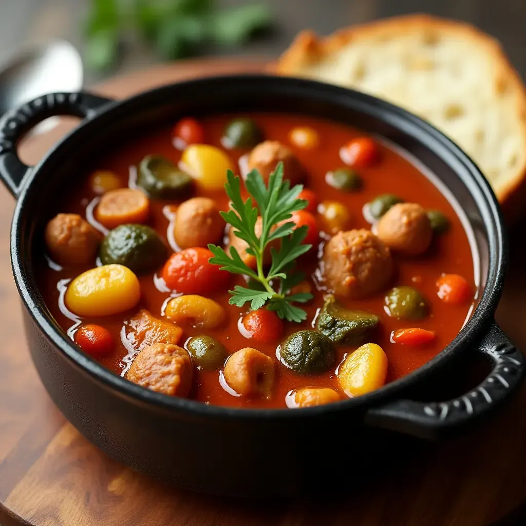 a photo of a hearty vegetable cassoulet with crusty bread on the side.