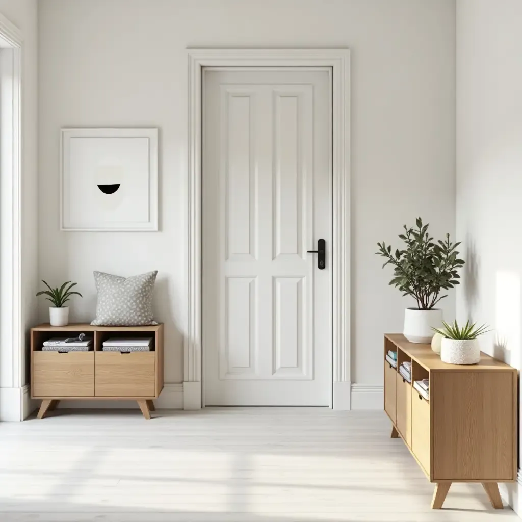 a photo of a Scandinavian-style hallway with wooden storage solutions and decor