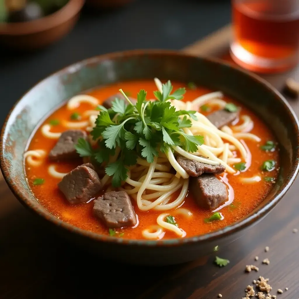 a photo of Bun Bo Hue, spicy beef noodle soup with lemongrass and thick rice noodles.