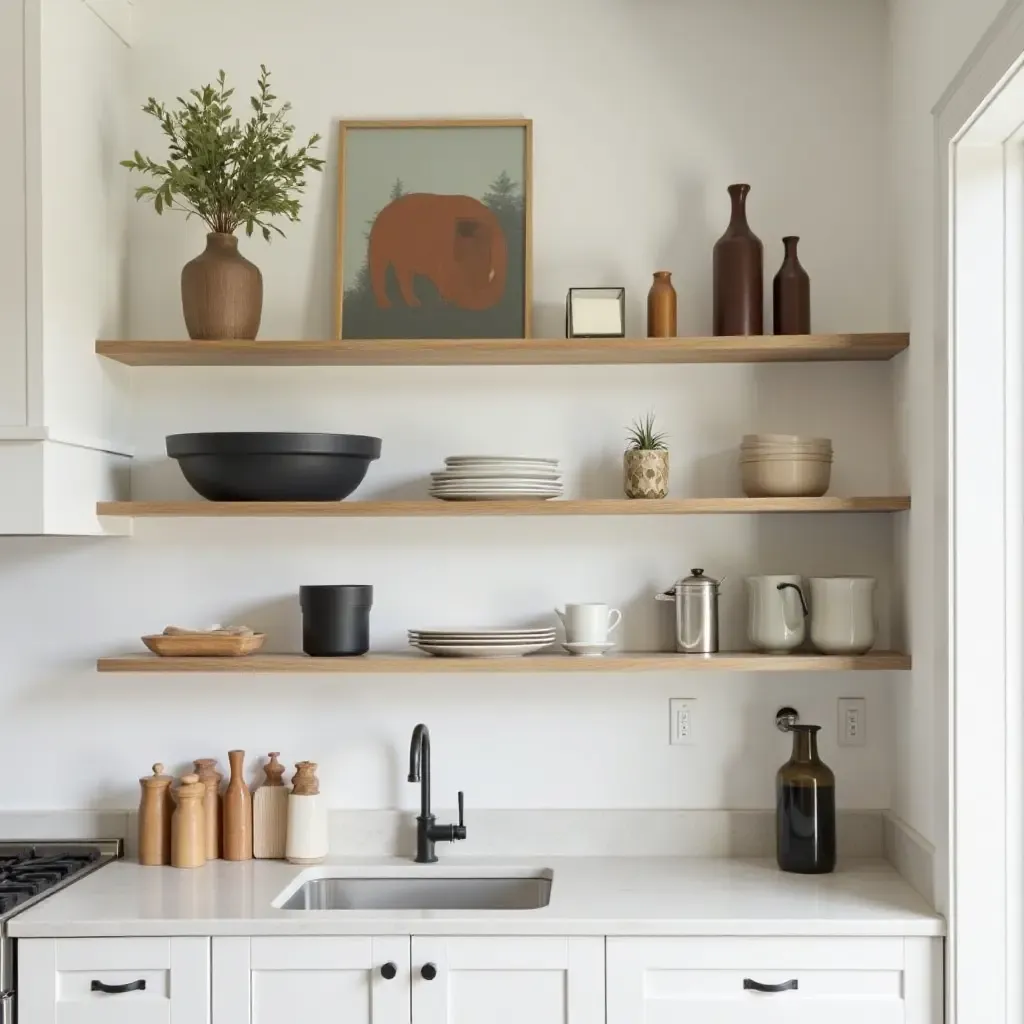 a photo of open shelving styled with a combination of functional and decorative items