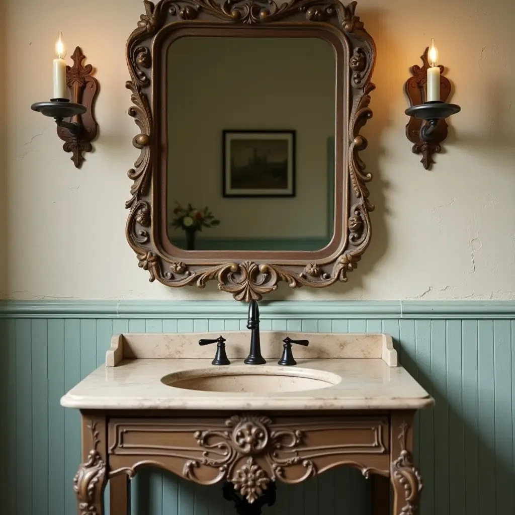 a photo of an antique mirror above a vintage sink