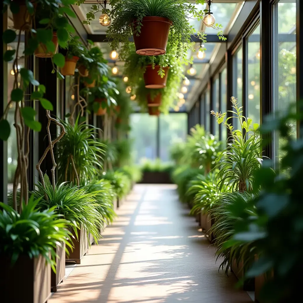 a photo of hanging potted plants creating a green corridor