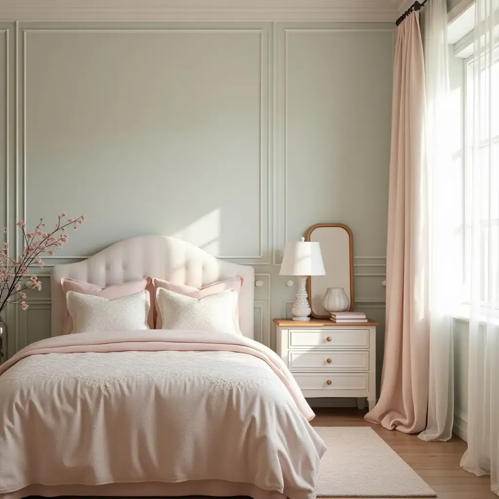 a photo of a vintage-inspired bedroom with soft pastel colors and lace