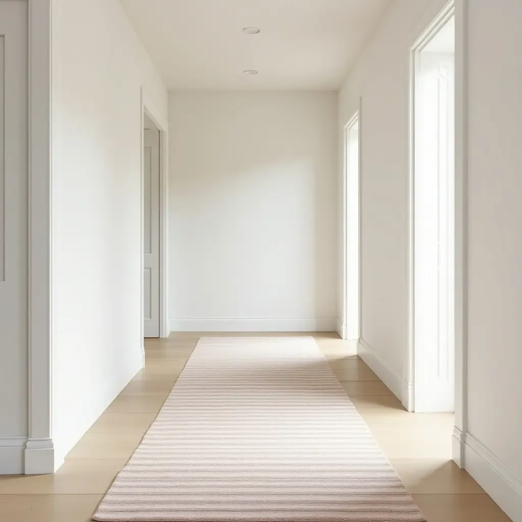 a photo of a striped runner rug with subtle pastel tones in a hallway